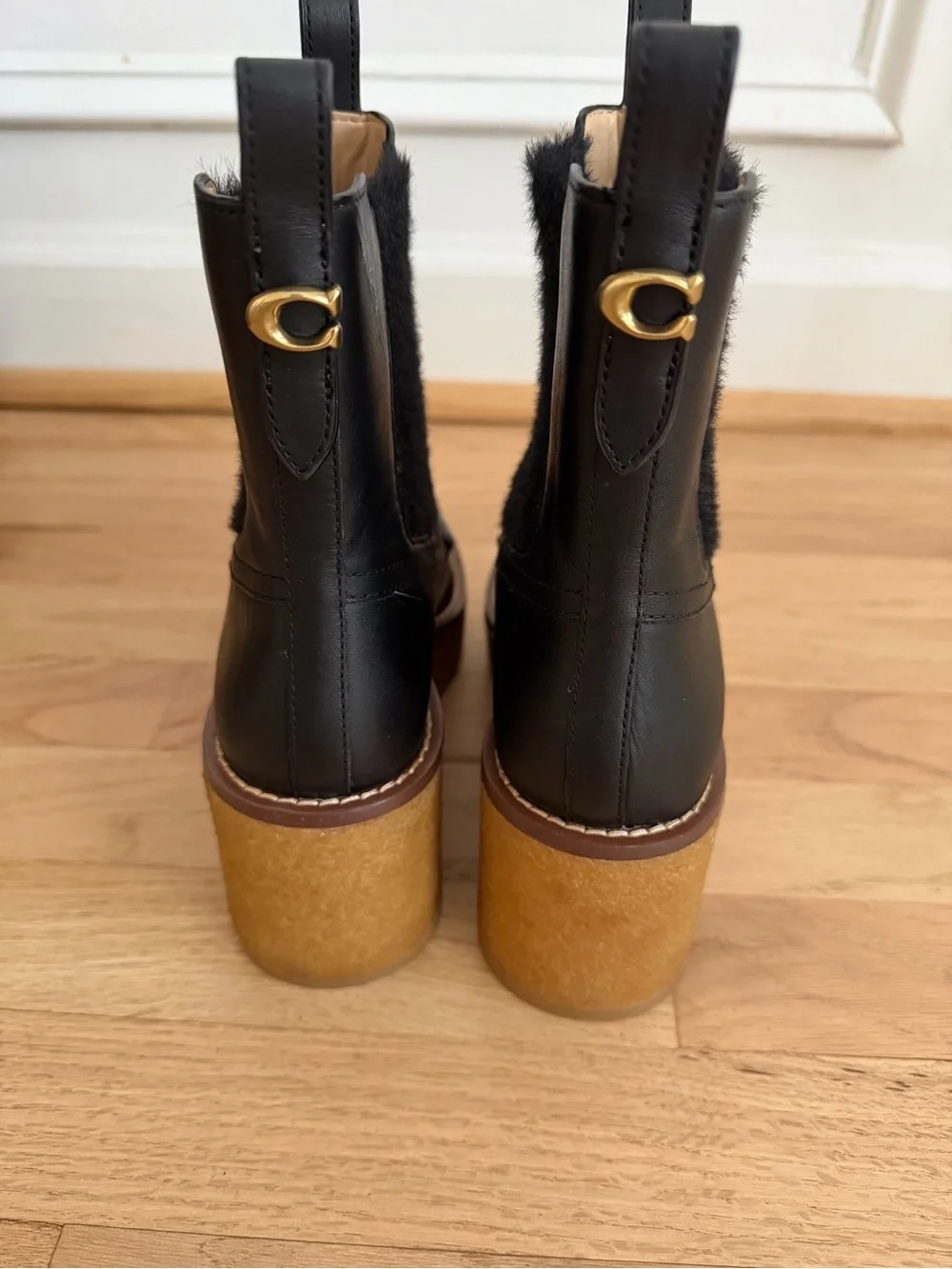 Coach Black Leather Platform Delaney Chelsea Boot with Gum Sole Size 6